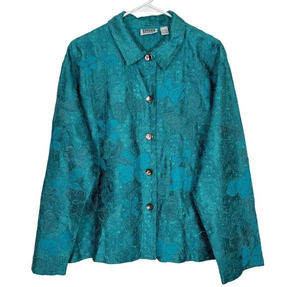 Vintage Chico's Teal Floral Button Up Blouse L Butterfly Silk Artsy Boho Retro - Picture 1 of 10